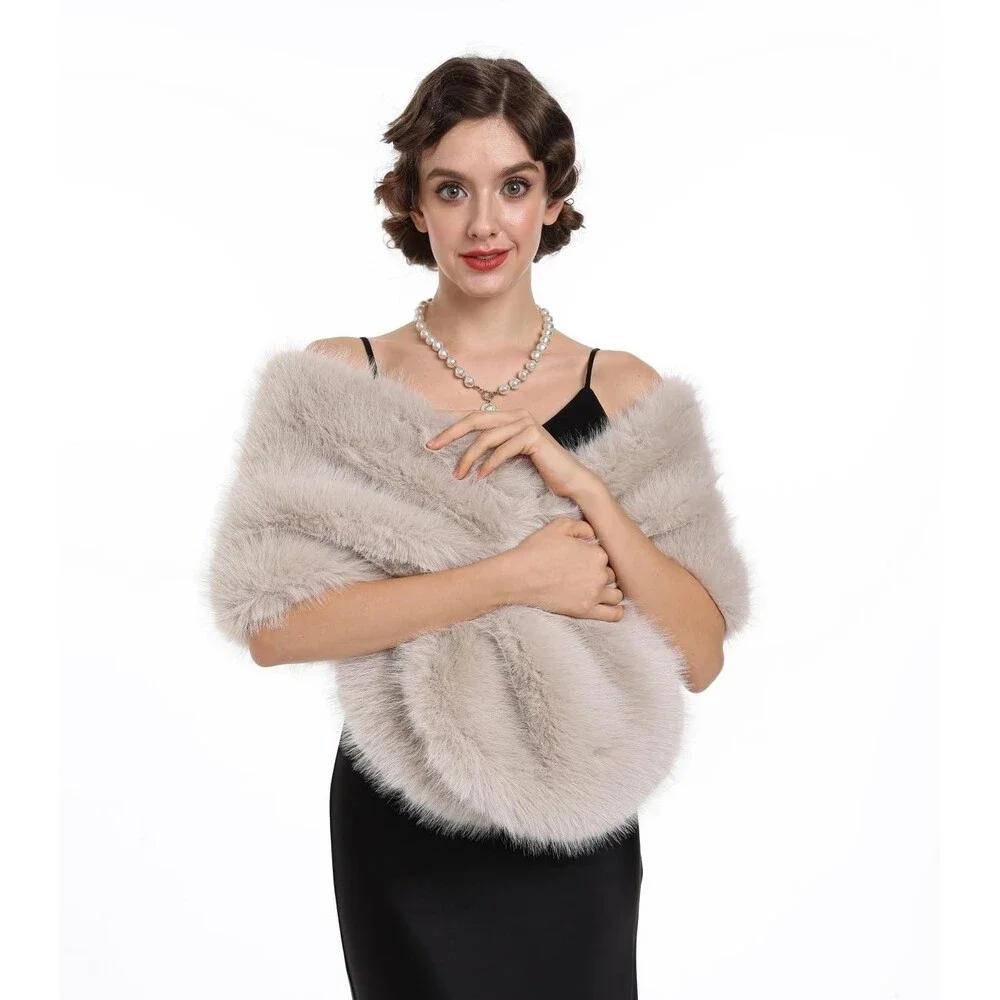 SAFERIN Women's Beige Luxurious Winter Faux Fur Scarf Wrap Collar Shrug Lady OS
